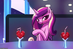 Size: 1125x750 | Tagged: safe, artist:lumineko, princess cadance, alicorn, pony, date, drink, drinking straw, female, hearts and hooves day, holiday, looking at you, mare, raised hoof, valentine's day