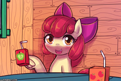 Size: 1125x750 | Tagged: safe, alternate version, artist:lumineko, apple bloom, earth pony, pony, adorabloom, cute, holiday, juice, juice box, open mouth, solo, valentine's day