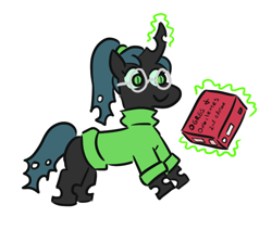 Size: 650x550 | Tagged: safe, artist:jargon scott, queen chrysalis, changeling, changeling queen, clothes, dork, dorkalis, glasses, ogres and oubliettes, solo, sweater