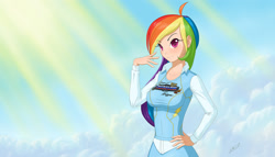 Size: 1945x1111 | Tagged: safe, artist:zigword, rainbow dash, human, breasts, clothes, cloud, cloudy, female, humanized, long hair, rainboob dash, russian, sky, smiling, solo