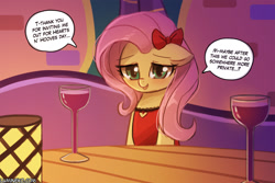 Size: 1125x750 | Tagged: safe, artist:lumineko, fluttershy, pegasus, pony, bow, bronybait, candle, clothes, cute, dialogue, digital art, dress, female, glass, hair bow, hearts and hooves day, mare, shyabetes, smiling, solo, speech bubble, wine glass