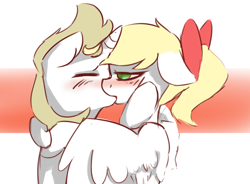 Size: 750x551 | Tagged: safe, artist:fuzzpower, oc, oc only, oc:franziska, oc:kyrie, pegasus, pony, unicorn, aryan, aryan pony, blonde, blushing, explicit source, female, kissing, lesbian, nazipone