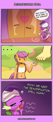 Size: 550x1251 | Tagged: safe, artist:lumineko, apple bloom, scootaloo, spike, sweetie belle, anthro, dragon, earth pony, pegasus, plantigrade anthro, pony, unicorn, apple bloomers, belly button, clothes, comic, cutie mark crusaders, female, giant pony, giantess, macro, micro, midriff, tanktop