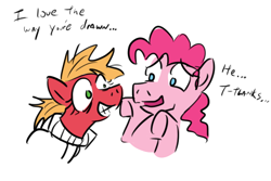 Size: 632x422 | Tagged: safe, artist:jargon scott, big macintosh, bubble berry, macareina, pinkie pie, earth pony, pony, breaking the fourth wall, crazy face, dialogue, faic, macadamia, rule 63, straitjacket