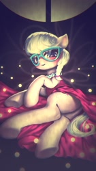 Size: 960x1704 | Tagged: safe, artist:frali, silver spoon, earth pony, pony, blushing, clothes, dress, female, filly, glasses, necklace, on side, pearl necklace, pixiv, solo, underhoof