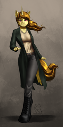 Size: 1616x3244 | Tagged: safe, alternate version, artist:mykegreywolf, oc, oc only, oc:katya ironstead, alicorn, anthro, unguligrade anthro, alicorn oc, anthro oc, belt, boots, clothes, commission, hoof boots, pants, running, signature, solo, trenchcoat