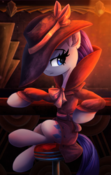 Size: 1272x2000 | Tagged: safe, artist:atlas-66, rarity, pony, unicorn, sparkle's seven, clothes, detective rarity, ear fluff, female, scene interpretation, sitting