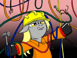 Size: 1600x1200 | Tagged: safe, artist:eternal-equilibrium, derpy hooves, pegasus, pony, clothes, dexterous hooves, engineering, female, hammer, hard hat, hat, helmet, mare, solo, tongue out, wires