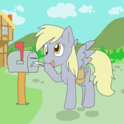 Size: 500x500 | Tagged: safe, artist:ajin, derpy hooves, pegasus, pony, animated, artifact, cloud, cobblestone street, cute, cutie mark, derp, derpabetes, female, frame by frame, furaffinity, gif, hill, hoof hold, house, i just don't know what went wrong, letter, mail, mailbox, mare, saddle bag, smiling, solo, spread wings, talking