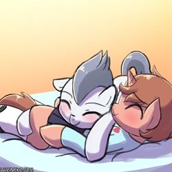 Size: 750x750 | Tagged: safe, artist:lumineko, rumble, oc, oc:heroic armour, pegasus, pony, unicorn, bed, clothes, colt, crossdressing, cuddling, cute, gay, laying on top of someone, lying on bed, male, pleated skirt, shoes, skirt, smiling, snuggling, socks, sweater