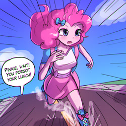 Size: 750x750 | Tagged: safe, artist:lumineko, pinkie pie, equestria girls, bow, clothes, dialogue, digital art, female, hair bow, running, schoolgirl toast, skirt, solo, speech bubble