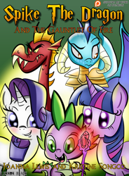 Size: 1400x1900 | Tagged: safe, artist:lennonblack, garble, princess ember, rarity, spike, twilight sparkle, twilight sparkle (alicorn), alicorn, dragon, pony, unicorn, gauntlet of fire, bloodstone scepter, blushing, dragon armor, dragon lord spike, female, harry potter, mare, parody, patreon, patreon logo