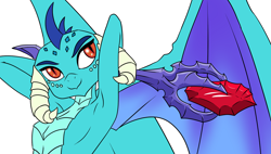 Size: 1348x768 | Tagged: safe, artist:annonymouse, dragon lord ember, princess ember, dragon, gauntlet of fire, armpits, bloodstone scepter, breasts, bust, featureless breasts, female, portrait, simple background, solo, wip