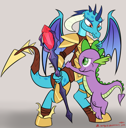 Size: 2085x2113 | Tagged: safe, artist:orang111, dragon lord ember, princess ember, spike, dragon, gauntlet of fire, armor, bloodstone scepter, cute, dragon armor, female, freckles, hug, male, smiling, wavy mouth