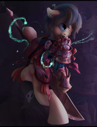 Size: 2304x3000 | Tagged: safe, artist:apostolllll, oc, oc only, pony, armor, bipedal, grin, magic, solo, spear, weapon, wink