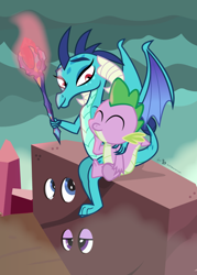 Size: 750x1050 | Tagged: safe, artist:dm29, dragon lord ember, princess ember, rarity, spike, twilight sparkle, twilight sparkle (alicorn), dragon, pony, unicorn, gauntlet of fire, bloodstone scepter, disguise, rock costume