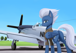 Size: 3697x2580 | Tagged: safe, artist:mrscroup, night glider, clothes, female, kill marks, looking back at you, mare, night glutes, p-51 mustang, pilot, plane, plot, smiling, solo, uniform, us army air force, world war ii