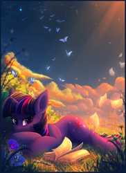 Size: 1618x2218 | Tagged: safe, artist:atlas-66, twilight sparkle, unicorn twilight, butterfly, insect, ladybug, pony, unicorn, fanfic:the star in yellow, book, commission, cute, fanfic, fanfic art, featured image, female, flower, mare, outdoors, pen, prone, smiling, solo, twiabetes