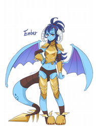 Size: 1040x1373 | Tagged: safe, artist:buryooooo, princess ember, dragon, human, gauntlet of fire, armor, belly button, dragon armor, humanized, looking at you, simple background, solo, spread wings, tail, tailed humanization, unconvincing armor, white background, winged humanization