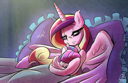 Size: 1248x811 | Tagged: safe, artist:light262, princess cadance, princess flurry heart, alicorn, pony, baby, baby blanket, baby pony, bed, cradling, cute, duo, female, holding a baby, holding a pony, lidded eyes, mama cadence, mother and child, mother and daughter, parent and child, pillow, signature, sleepy eyes, smiling, swaddled baby