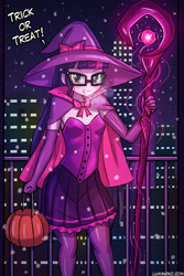 Size: 750x1125 | Tagged: safe, artist:lumineko, sci-twi, twilight sparkle, equestria girls, city, clothes, cute, evening gloves, glasses, gloves, halloween, hat, holiday, long gloves, miniskirt, moe, night, pantyhose, pleated skirt, scepter, skirt, smiling, solo, stars, trick or treat, twiabetes, witch hat