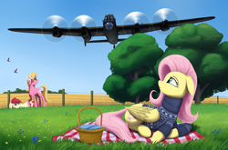 Size: 3900x2580 | Tagged: safe, artist:mrscroup, fluttershy, lily, lily valley, roseluck, pegasus, pony, aircraft, avro lancaster, basket, bomber, clothes, england, female, looking at something, lying down, mare, my little pony, picnic basket, picnic blanket, plane, prone, royal air force, sweater, sweatershy, turtleneck, world war ii