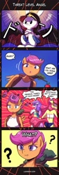 Size: 520x1535 | Tagged: safe, artist:lumineko, angel bunny, apple bloom, scootaloo, sweetie belle, anthro, earth pony, pegasus, rabbit, unicorn, 4koma, animal, apple bloomers, clothes, comic, confused, cutie mark crusaders, dialogue, dress, jojo reference, jojo's bizarre adventure, kill la kill, mako mankanshoku, midriff, question mark, running, skirt, sports panties, tanktop