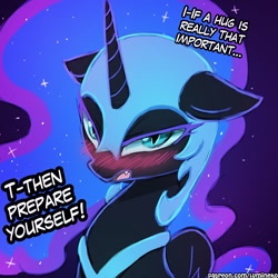 Size: 750x750 | Tagged: safe, artist:lumineko, nightmare moon, alicorn, pony, armor, blushing, cute, dialogue, fangs, female, horn, imminent hugs, looking at you, mare, moonabetes, open mouth, solo, tsundere, tsundere moon