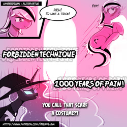 Size: 755x755 | Tagged: safe, artist:lumineko, nightmare moon, oc, alicorn, earth pony, pony, 1000 years of death, comic, hat, implied horn penetration, naruto, reference, witch hat