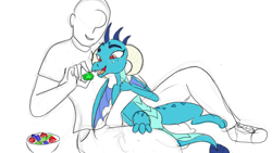 Size: 2560x1440 | Tagged: safe, artist:frikdikulous, princess ember, oc, oc:anon, dragon, human, colored, cute, emberbetes, feeding, female, gem, human on dragon snuggling, male, open mouth, smiling