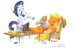 Size: 2001x1261 | Tagged: safe, artist:andypriceart, idw, applejack, rarity, earth pony, pony, unicorn, apple, art is magic, chair, chips, coffee, duster, food, messy, sandwich, tea, the odd couple