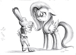 Size: 1752x1275 | Tagged: safe, artist:robsa990, fluttershy, pegasus, pony, crying, judy hopps, monochrome, sketch, traditional art, zootopia