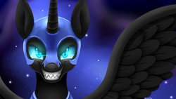 Size: 2080x1170 | Tagged: safe, artist:zoruanna, nightmare moon, evil grin, glare, glow, smiling, solo