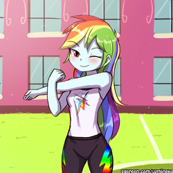 Size: 750x750 | Tagged: safe, artist:lumineko, rainbow dash, better together, equestria girls, canterlot high, clothes, cute, dashabetes, female, high school, looking at you, one eye closed, pants, smiling, solo, stretching, wink