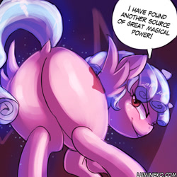 Size: 750x750 | Tagged: safe, artist:lumineko, cozy glow, pegasus, pony, the summer sun setback, butt, cozy glutes, dialogue, dock, female, filly, foal, looking back, plot, smiling, solo