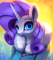 Size: 1000x1116 | Tagged: safe, artist:rodrigues404, rarity, anthro, clothes, coat, solo, wingding eyes