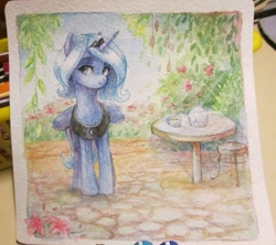 Size: 1153x1024 | Tagged: safe, artist:aphphphphp, princess luna, alicorn, pony, looking at you, s1 luna, solo, table, traditional art, tree, watercolor painting