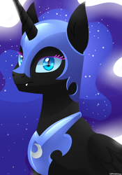 Size: 1400x2000 | Tagged: safe, artist:zoruanna, nightmare moon, serious, sitting, solo, stare