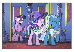 Size: 2000x1400 | Tagged: safe, artist:php104, starlight glimmer, trixie, twilight sparkle, twilight sparkle (alicorn), alicorn, pony, unicorn, no second prances, accessory swap, best friends, clothes, counterparts, eyes closed, female, i can't believe it's not idw, laughing, magical trio, mare, open mouth, raised hoof, screaming, shirt, smiling, spread wings, trixie's hat, twilight's counterparts, wide eyes