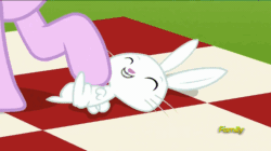 Size: 858x482 | Tagged: safe, screencap, angel bunny, starlight glimmer, pony, rabbit, unicorn, no second prances, animal, animated, bellyrubs, cute, discovery family logo, eyes closed, female, grin, heart, lidded eyes, looking back, mare, on back, open mouth, petting, raised hoof, smiling, talking, tickling, wide eyes