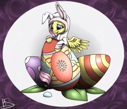 Size: 1357x1166 | Tagged: safe, artist:neutisshow, fluttershy, pegasus, pony, bunny costume, bunny pajamas, bunnyshy, clothes, easter, easter bunny, easter egg, solo