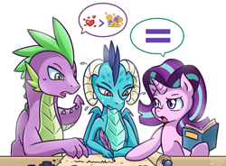 Size: 1375x1013 | Tagged: safe, artist:vavacung, princess ember, spike, starlight glimmer, dragon, pony, unicorn, gauntlet of fire, book, equality, female, male, mare, older, older spike, open mouth, quill, speech bubble, that pony sure does love equality