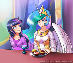 Size: 750x649 | Tagged: safe, artist:racoonsan, princess celestia, twilight sparkle, twilight sparkle (alicorn), human, no second prances, bored, breasts, celestia is not amused, clothes, cup, cupcake, dress, duo, female, food, horned humanization, humanized, patreon, plate, scene interpretation, table, tea, twilight's castle, winged humanization