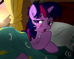 Size: 2000x1600 | Tagged: safe, artist:ponyecho, part of a set, twilight sparkle, pony, unicorn, bed, bed hair, bed mane, blushing, cute, female, mare, morning ponies, open mouth, ponyecho is trying to murder us, show accurate, sleepy, solo, sun, sunrise, window, yawn