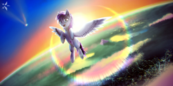 Size: 1440x720 | Tagged: safe, artist:starfall-spark, oc, oc only, pegasus, pony, city, horizon, lens flare, requested art, sky, skydive, solo, sunset, vertigo