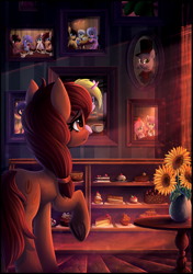 Size: 2097x2982 | Tagged: safe, artist:atlas-66, oc, earth pony, pegasus, pony, unicorn, cafe, cake, candy, cupcake, flower, food, framed picture, room, sunflower, sweets