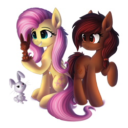 Size: 2000x2000 | Tagged: safe, artist:atlas-66, angel bunny, fluttershy, oc, earth pony, pegasus, pony, rabbit, animal, chocolate, chocolate bunny, cute, food, shyabetes, simple background, transparent background