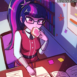 Size: 750x750 | Tagged: safe, artist:lumineko, sci-twi, twilight sparkle, equestria girls, book, bread, clothes, crystal prep academy uniform, eating, food, glasses, ponytail, school uniform, solo, toast