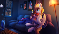 Size: 4290x2500 | Tagged: safe, artist:atlas-66, oc, oc only, oc:sketch, oc:wholeheart, pegasus, pony, city, crystaller building, female, flower, hug, lamp, living room, love, male, manehattan, mare, night, room, shipping, stallion, straight, vase, window, winter