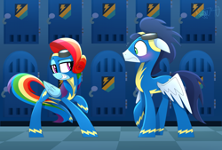 Size: 2470x1669 | Tagged: safe, artist:siggie740, rainbow dash, soarin', pegasus, pony, newbie dash, female, floppy ears, grin, male, rainbow fash, scene interpretation, shipping, soarindash, straight, uncomfortable, wide eyes, wonderbolts uniform